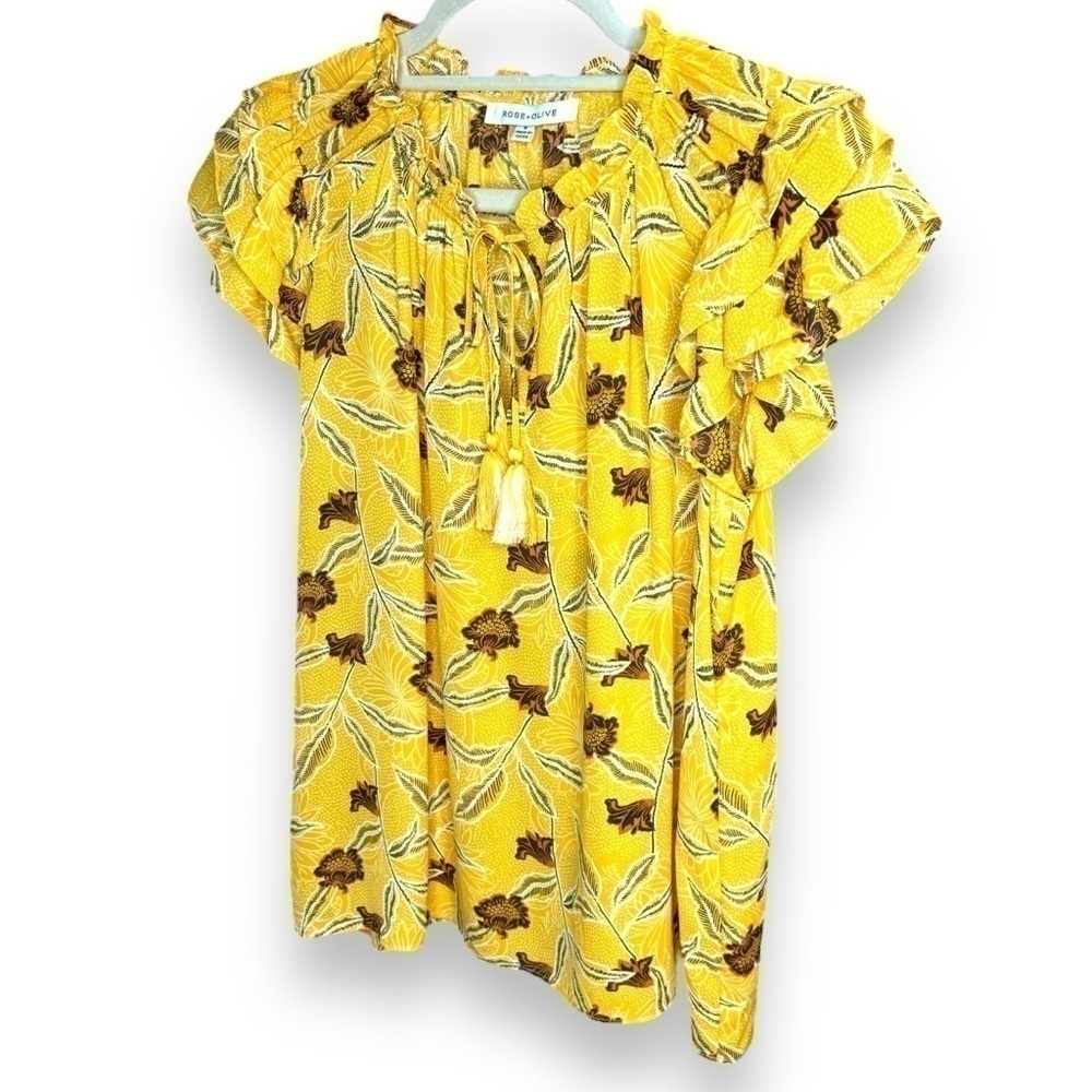 NWOT Rose & Olive Yellow Ruffle Floral Top - Small